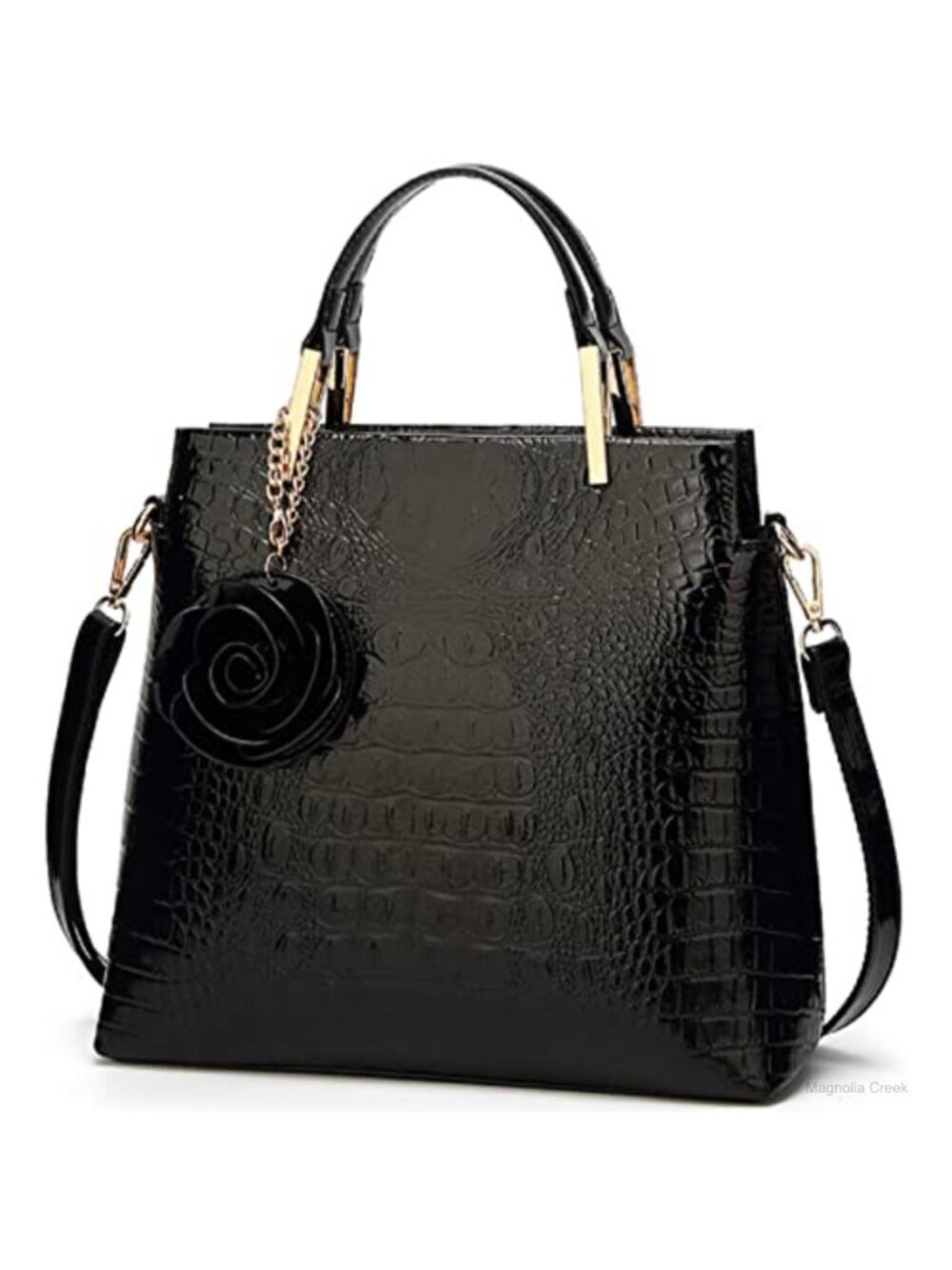 Crocodile Patent Leather Satchel Tote Top Handle Shoulder Bag Flower Charm